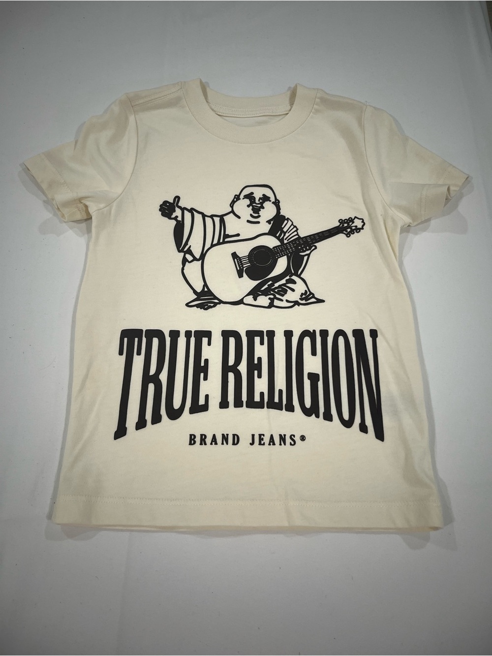 True Religion Cream T-shirt with Black Logo Buddha Graphic
